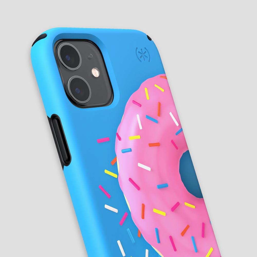 Three-quarter angle of iPhone 12 mini case in Sprinkled Donut pattern