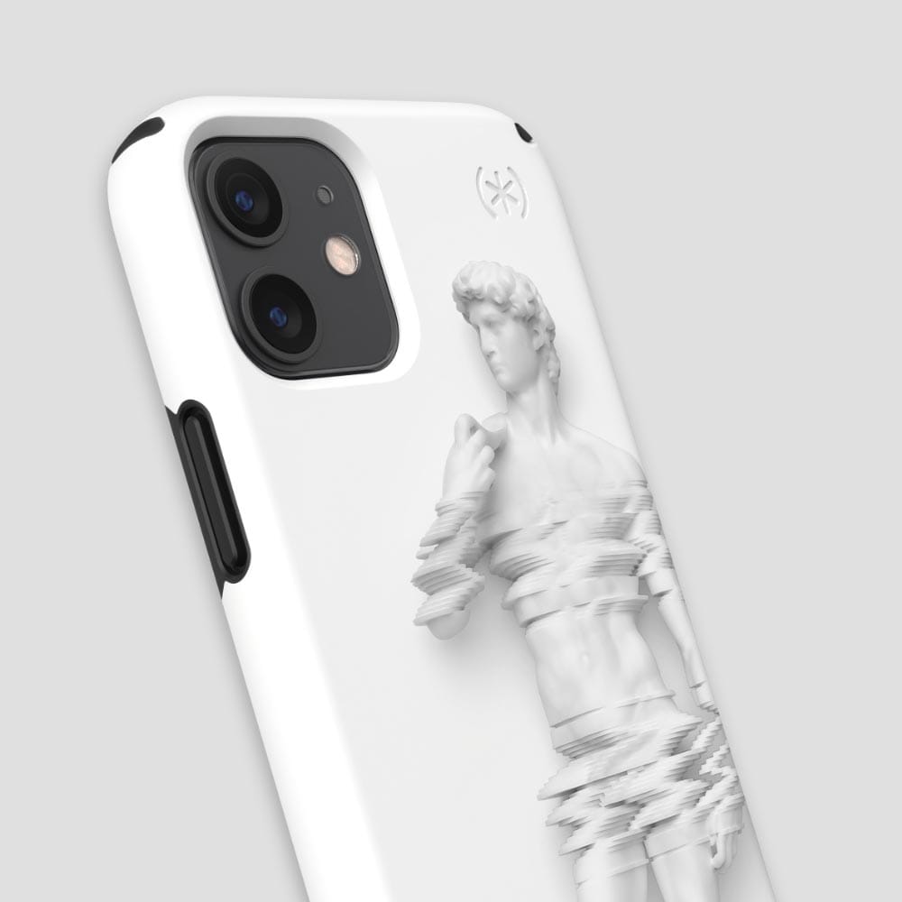 Three-quarter angle of iPhone 12 mini case in Motions In Marble pattern