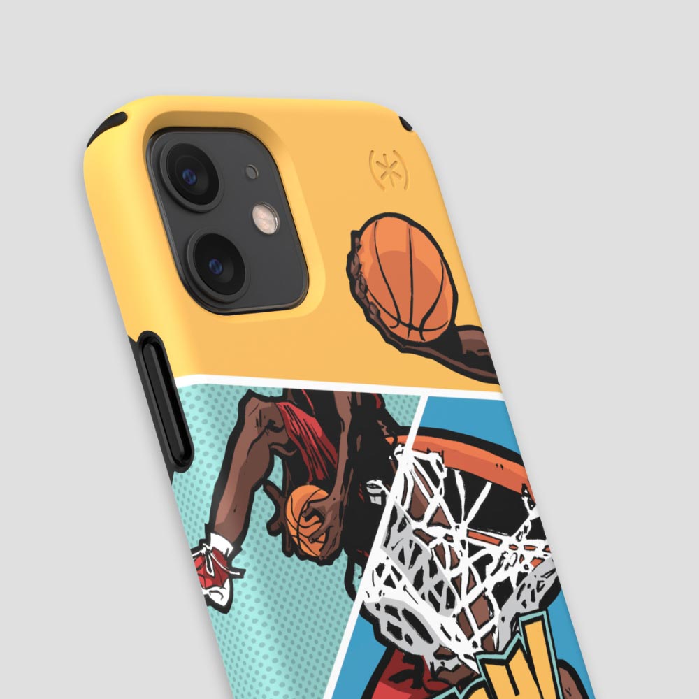 Three-quarter angle of iPhone 12 mini case in Hype City pattern