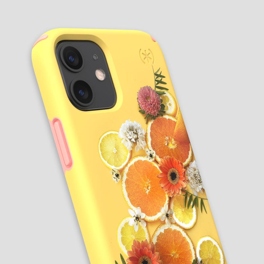 Three-quarter angle of iPhone 12 mini case in Pucker Up Posie pattern