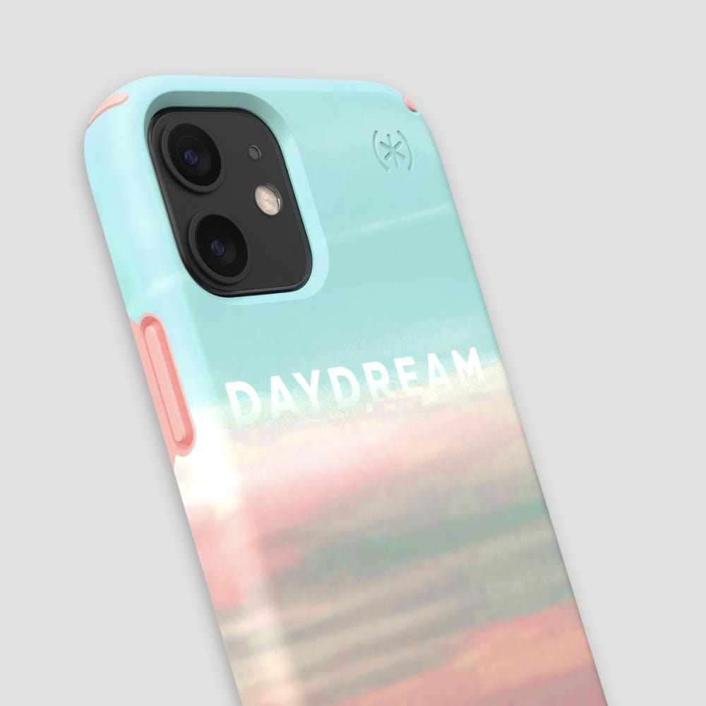 Three-quarter angle of iPhone 12 mini case in Dreams Come True pattern