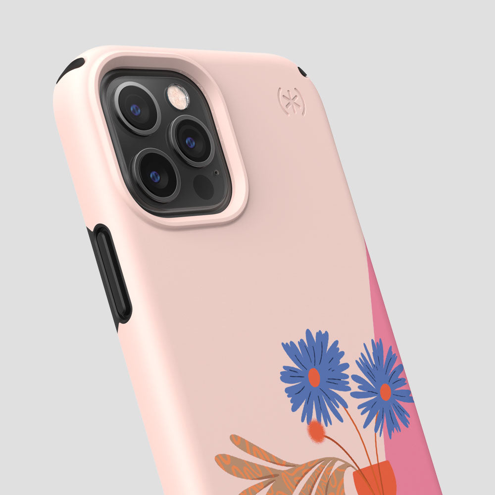 Three-quarter angle of iPhone 12 Pro case in Read Blue Bouquet pattern
