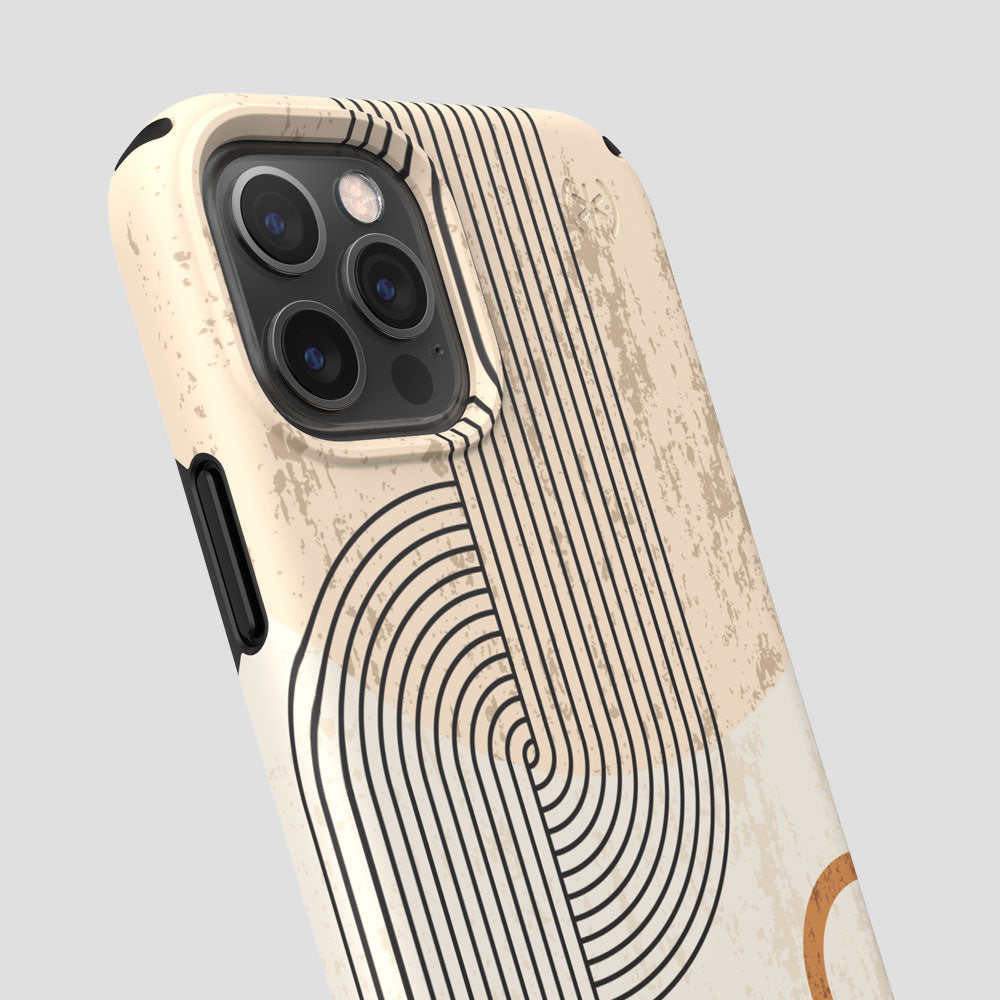 Three-quarter angle of iPhone 12 Pro case in Bold Bauhaus pattern