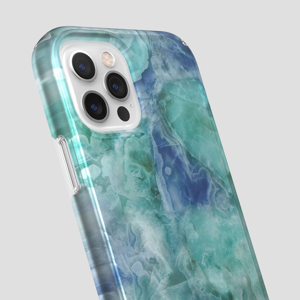 Three-quarter angle of iPhone 12 Pro case in Crystal Clouds pattern