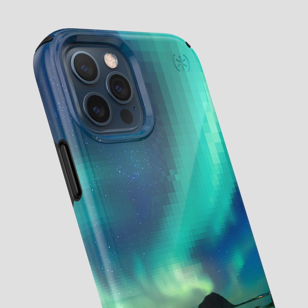 Three-quarter angle of iPhone 12 Pro case in Digital Oasis pattern