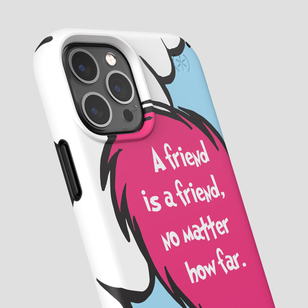 Three-quarter angle of iPhone 12 Pro case in Friends Forever Wherever (Left) pattern