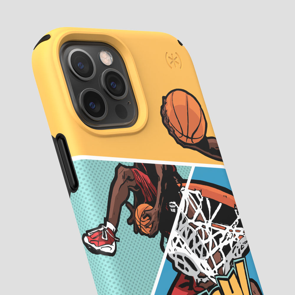 Three-quarter angle of iPhone 12 Pro case in Hype City pattern