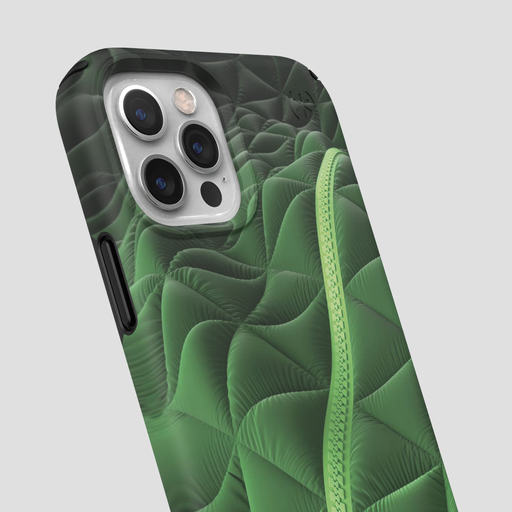 Three-quarter angle of iPhone 12 Pro case in Thermal Green pattern