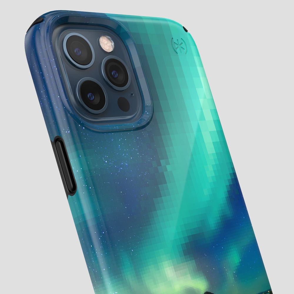 Three-quarter angle of iPhone 12 Pro Max case in Digital Oasis pattern