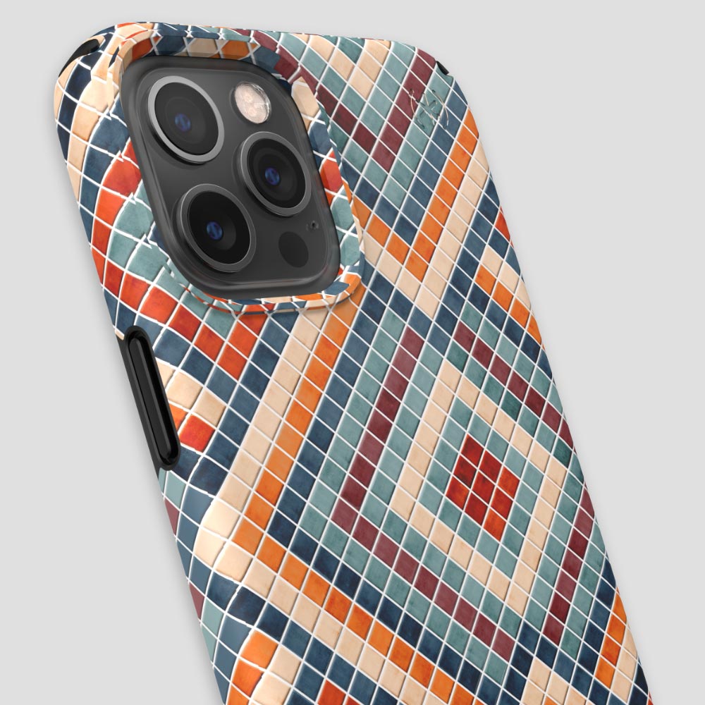 Three-quarter angle of iPhone 12 Pro Max case in Tiles Are Forever pattern