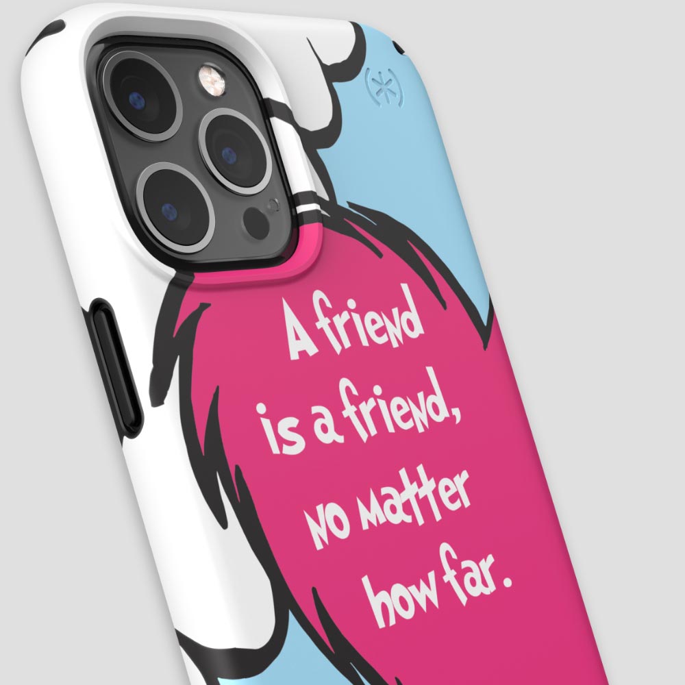 Three-quarter angle of iPhone 12 Pro Max case in Friends Forever (A) pattern