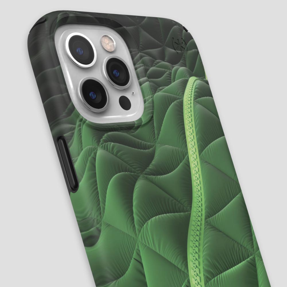 Three-quarter angle of iPhone 12 Pro Max case in Thermal Green pattern