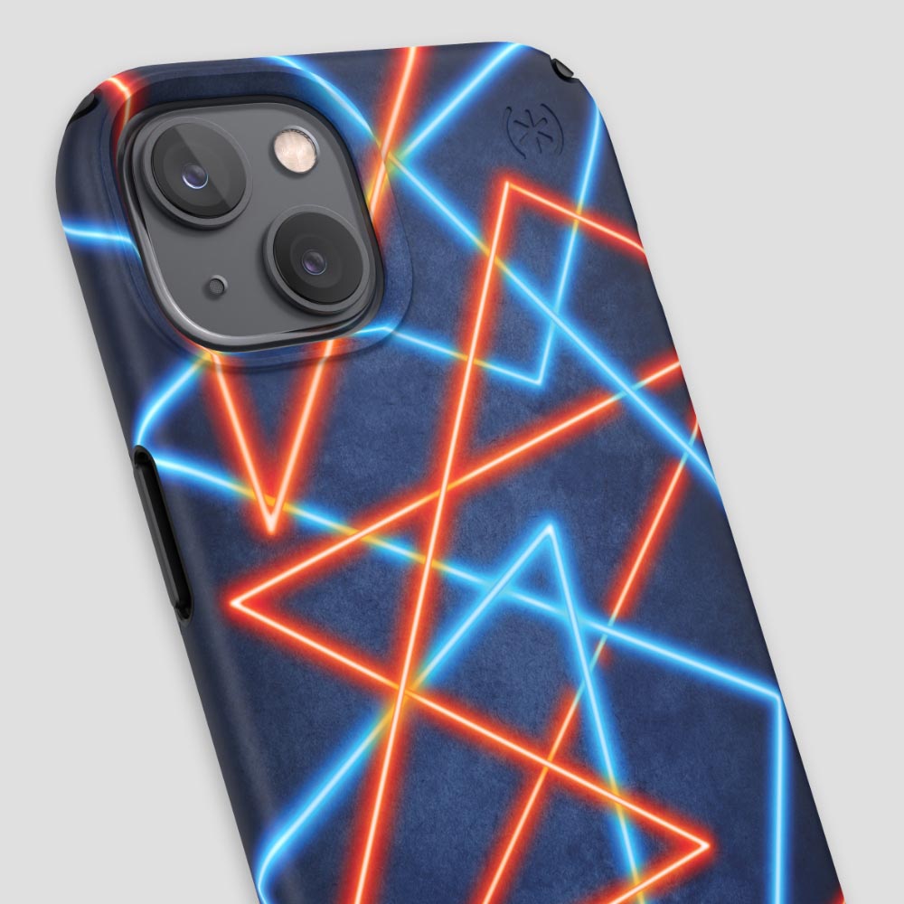 Three-quarter angle of iPhone 13 case in Electric Feel pattern