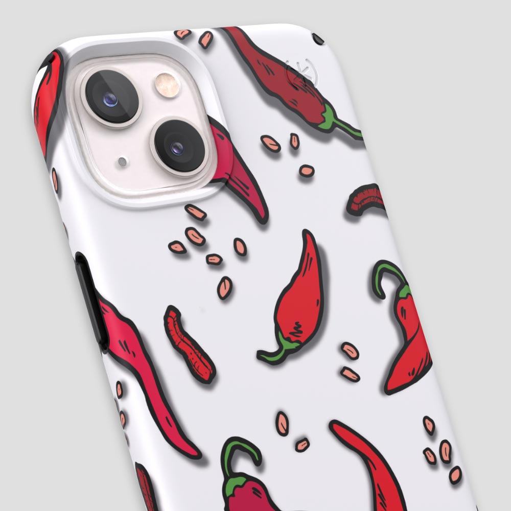 Three-quarter angle of iPhone 13 case in Spice It Up pattern