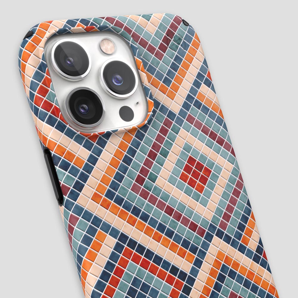 Three-quarter angle of iPhone 13 Pro case in Tiles Are Forever pattern