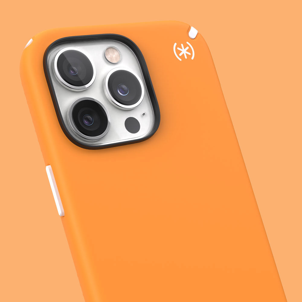 Three-quarter angle of iPhone 13 Pro case in Uplift Orange