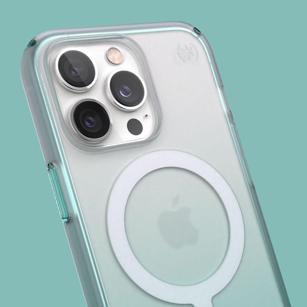 Three-quarter angle of iPhone 13 Pro case in Arctic Teal Fade