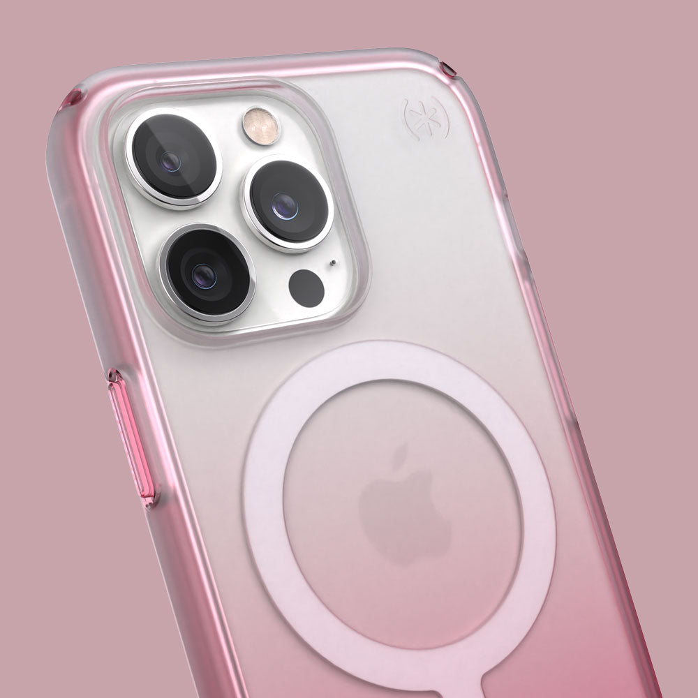 Three-quarter angle of iPhone 13 Pro case in Cosmo Pink Fade
