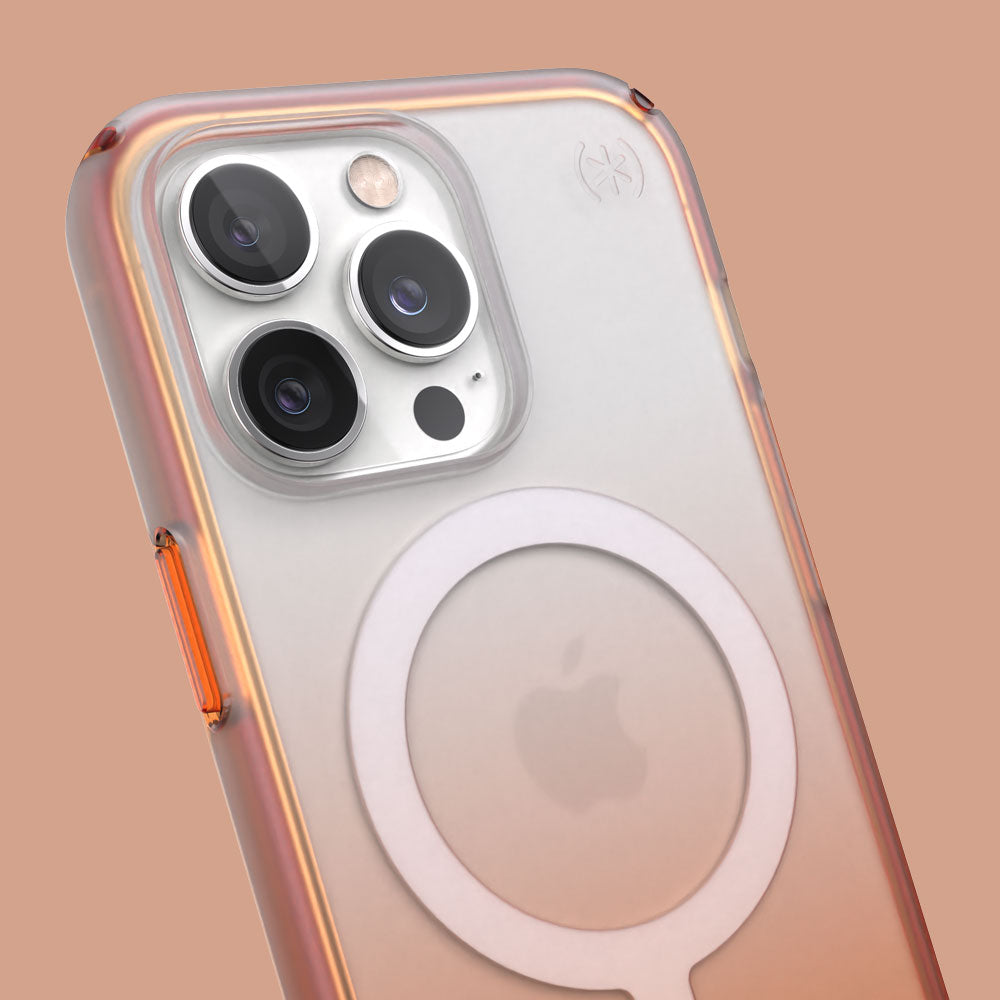 Three-quarter angle of iPhone 13 Pro case in Orange Soda Fade