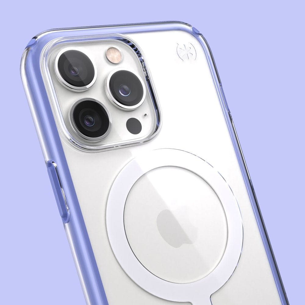 Three-quarter angle of iPhone 13 Pro case in Clear with Grounded Purple border