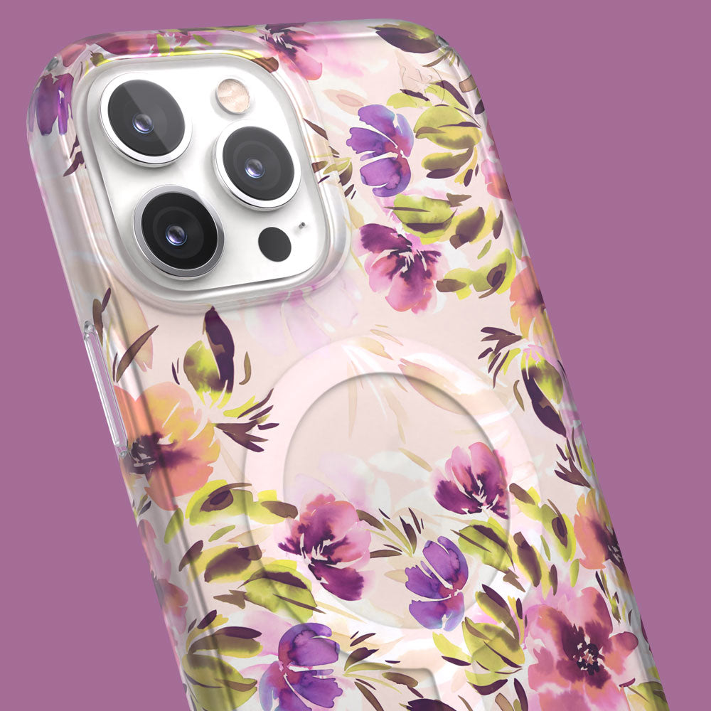 Three-quarter angle of iPhone 13 Pro Max case in Brushed Floral