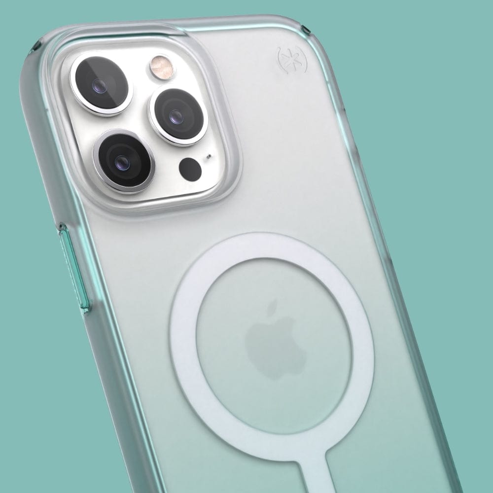Three-quarter angle of iPhone 13 Pro Max case in Arctic Teal Fade