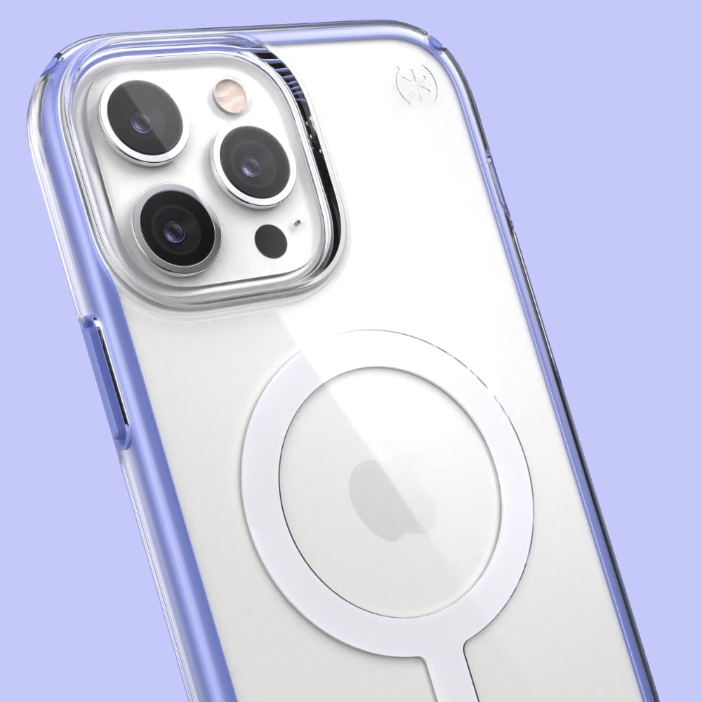 Three-quarter angle of iPhone 13 Pro Max case in Clear with Grounded Purple border