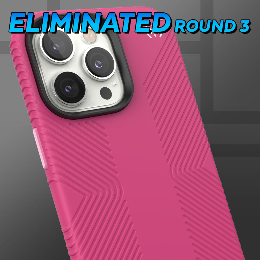 Three-quarter angle of Presidio2 Grip MagSafe iPhone case by Speck in pink color