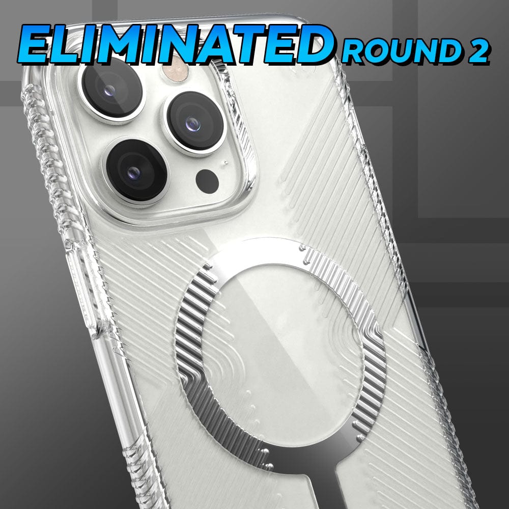 Three-quarter angle of Presidio Perfect-Clear Grip MagSafe iPhone case by Speck