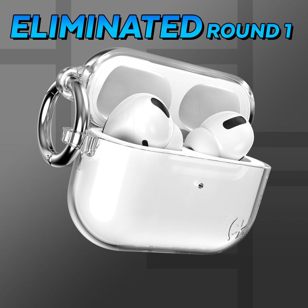Three-quarter angle of Presidio Perfect-Clear AirPod case by Speck in clear color - Eliminated Round 1