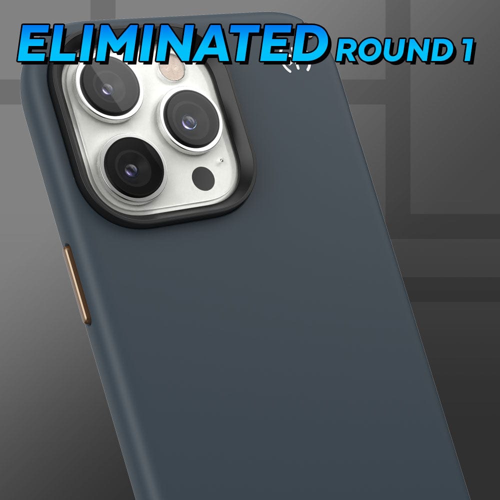 Three-quarter angle of Presidio2 Pro MagSafe iPhone case by Speck in dark grey color - Eliminated Round 1