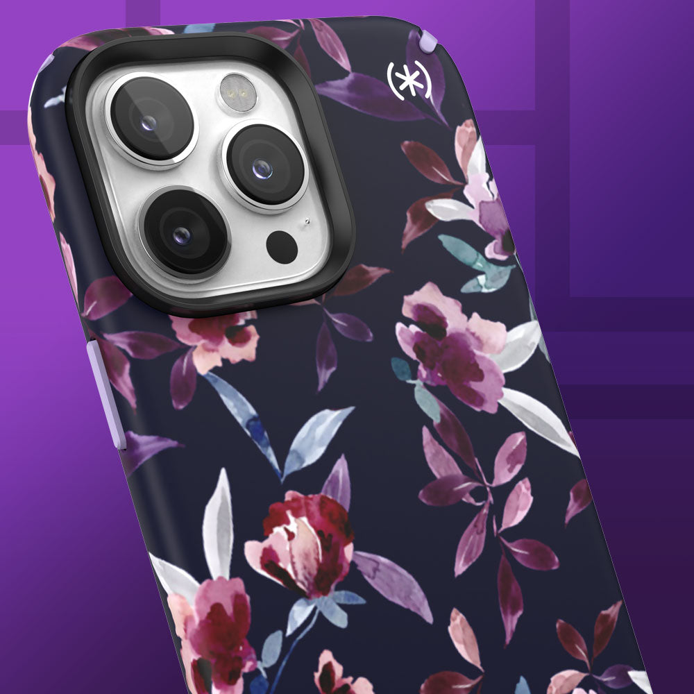 Three-quarter angle of Presidio Edition iPhone case by Speck in with floral pattern