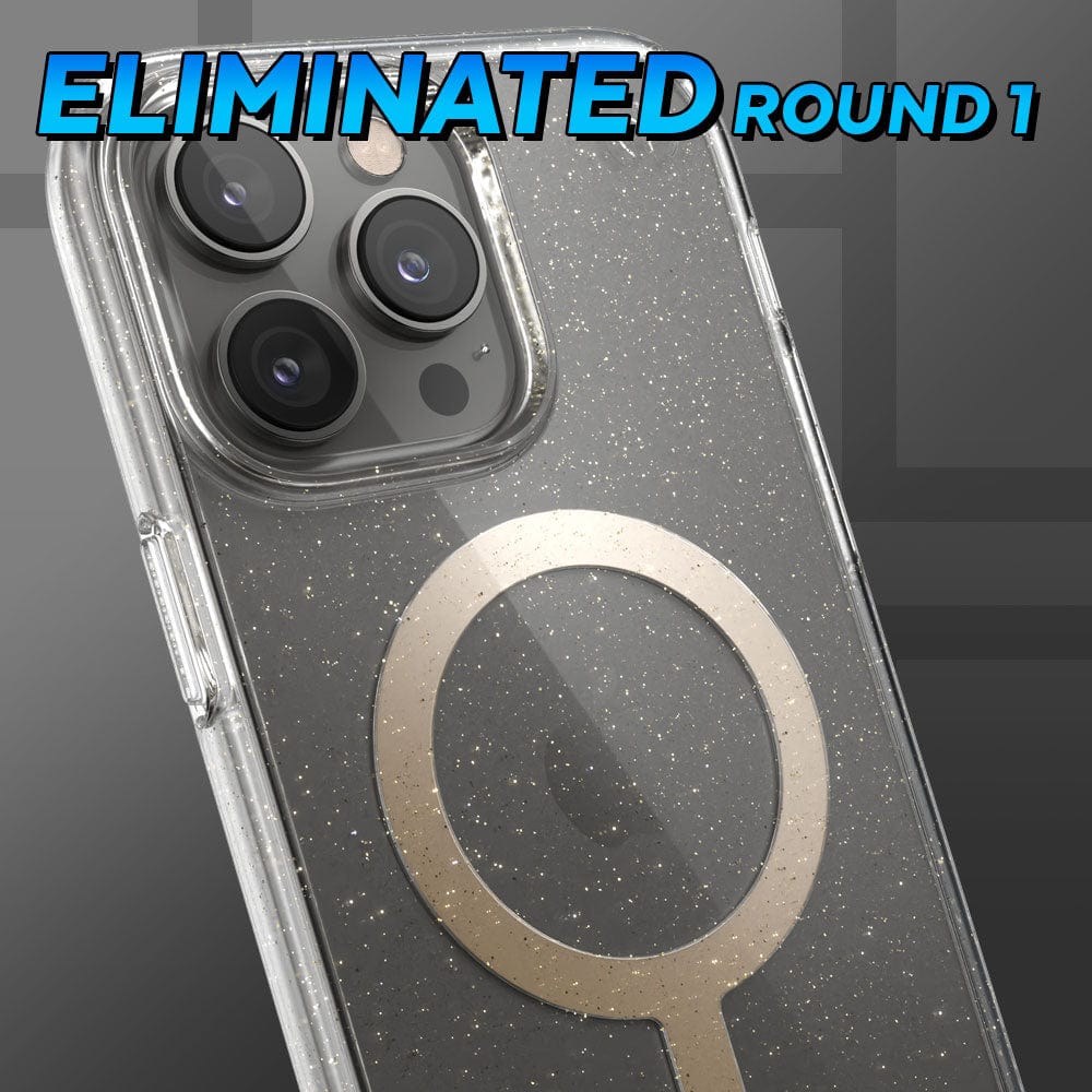 Three-quarter angle of Presidio Perfect-Clear Glitter MagSafe iPhone case by Speck in with gold glitter and gold MagSafe ring - Eliminated Round 1