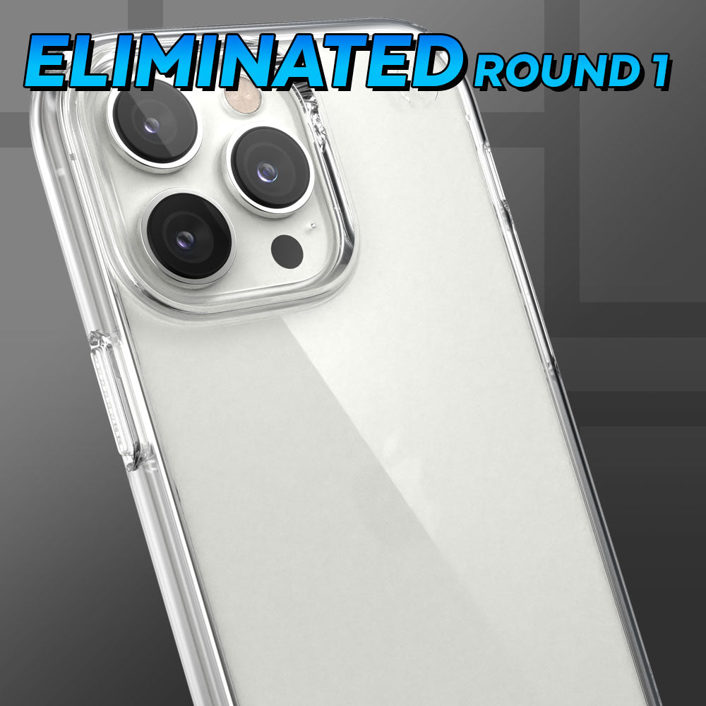 Three-quarter angle of Presidio Perfect-Clear iPhone/Samsung Galaxy case by Speck in clear color - Eliminated Round 1