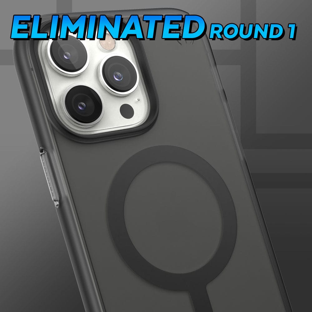 Three-quarter angle of Presidio Perfect-Mist MagSafe iPhone case by Speck in partially transparent black color - Eliminated Round 1