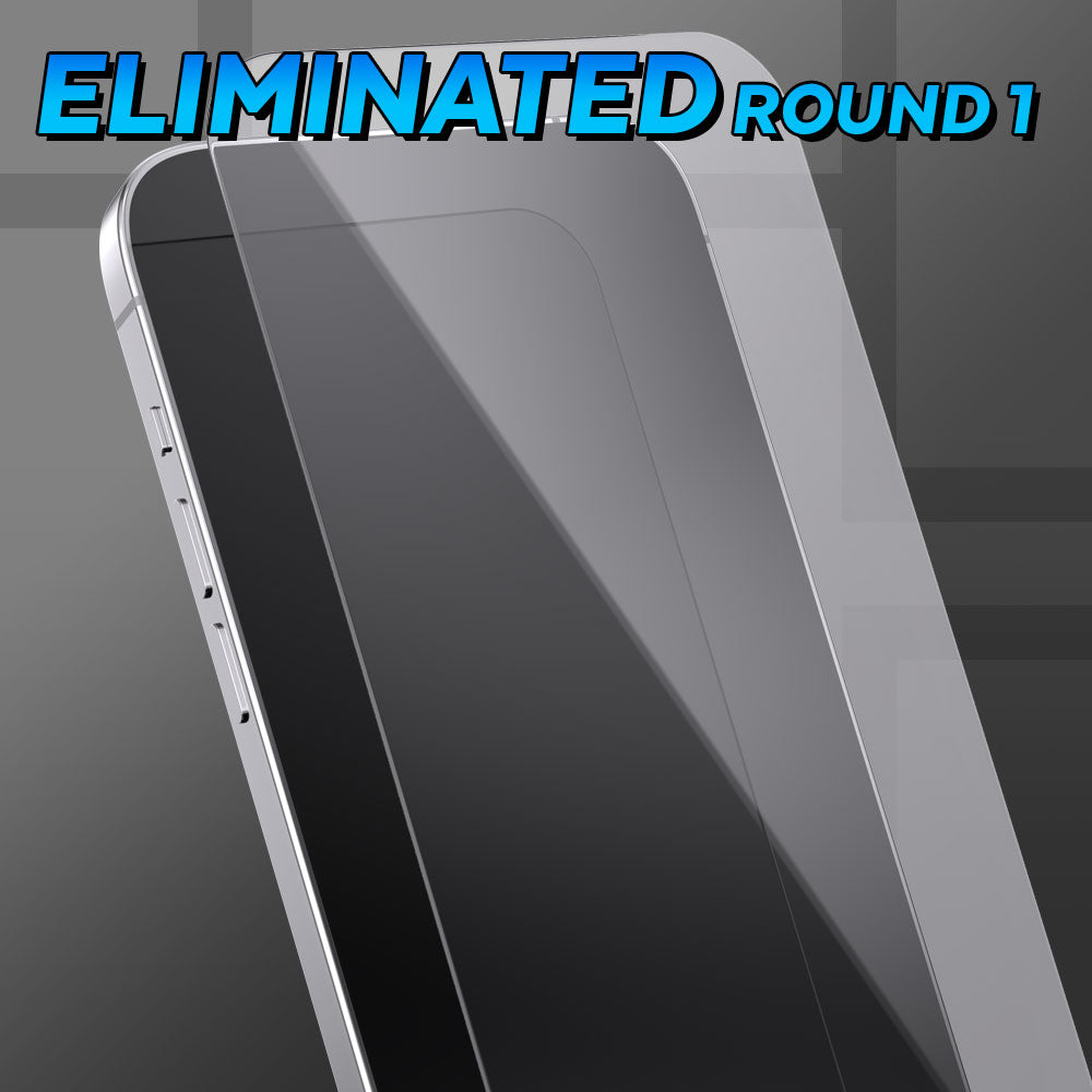 Three-quarter angle of smartphone with ShieldView Glass clear screen protector hovering above phone screen - Eliminated Round 1