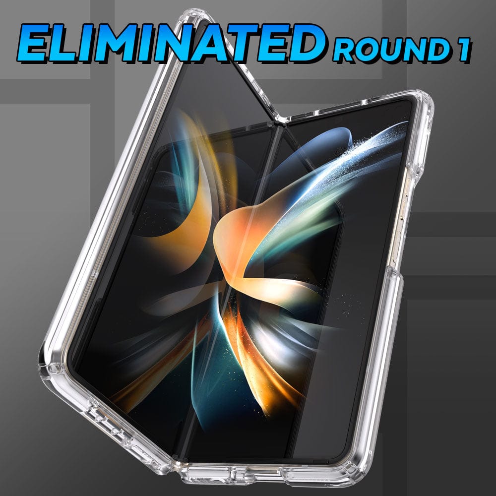 Three-quarter angle of Presidio Perfect-Clear Fold Samsung Z Fold case by Speck in clear color - Eliminated Round 1