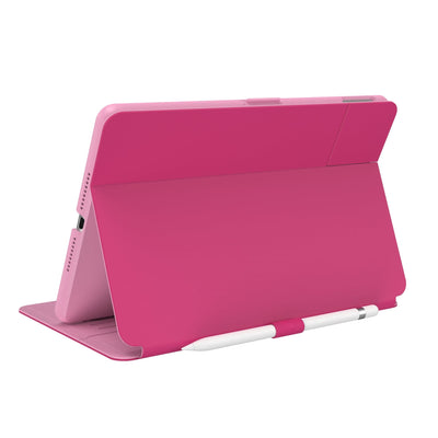 Three-quarter view of back of the case, using view stand formation.#color_digital-pink-blossom-pink