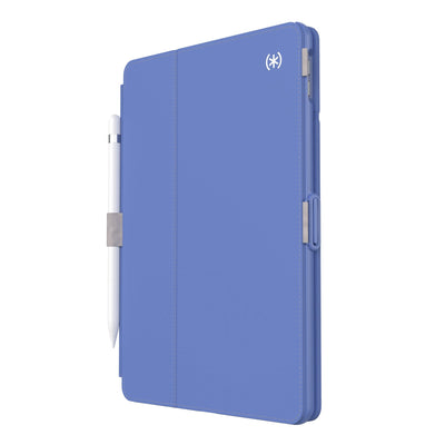 Three-quarter view of front of the case, with folio closed.#color_grounded-purple-sweater-grey-white