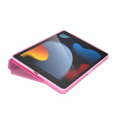 Three-quarter view of the front of the case, using typing stand formation.#color_digital-pink-blossom-pink