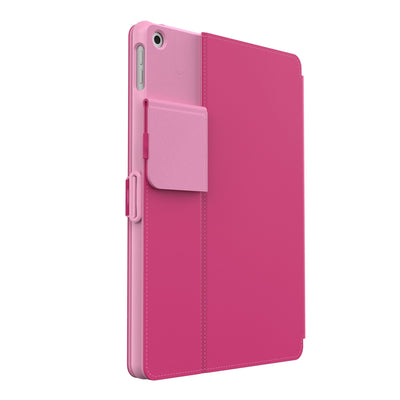 Three-quarter view of the back of the case, with folio closed and camera flap folded down.#color_digital-pink-blossom-pink