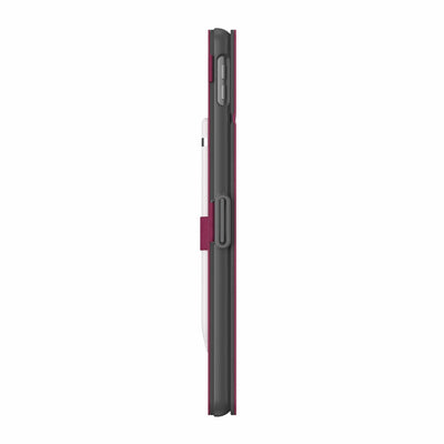 Side view of the case, with folio closed, showing clasp.#color_very-berry-red-slate-grey