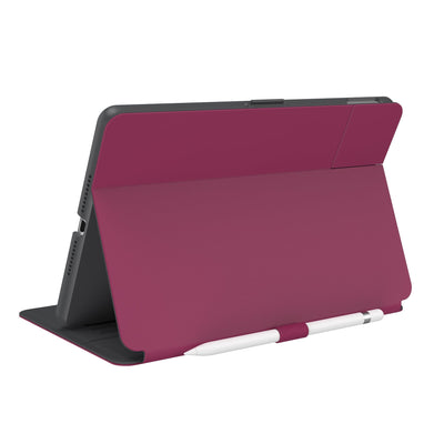 Three-quarter view of back of the case, using view stand formation.#color_very-berry-red-slate-grey