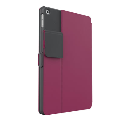 Three-quarter view of the back of the case, with folio closed and camera flap folded down.#color_very-berry-red-slate-grey