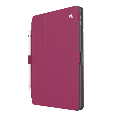 Three-quarter view of front of the case, with folio closed.#color_very-berry-red-slate-grey