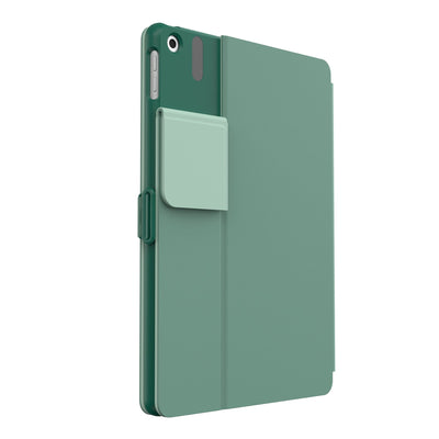 Three-quarter view of the back of the case, with folio closed and camera flap folded down.#color_fluorite-green-eggshell-green