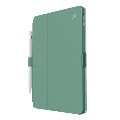 Three-quarter view of front of the case, with folio closed.#color_fluorite-green-eggshell-green