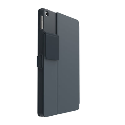 Three-quarter view of the back of the case, with folio closed and camera flap folded down.#color_stormy-grey-charcoal-grey