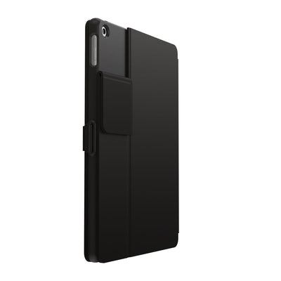 Three-quarter view of the back of the case, with folio closed and camera flap folded down.#color_black