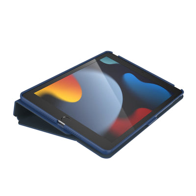 Three-quarter view of the front of the case, using typing stand formation.#color_coastal-blue-charcoal-grey